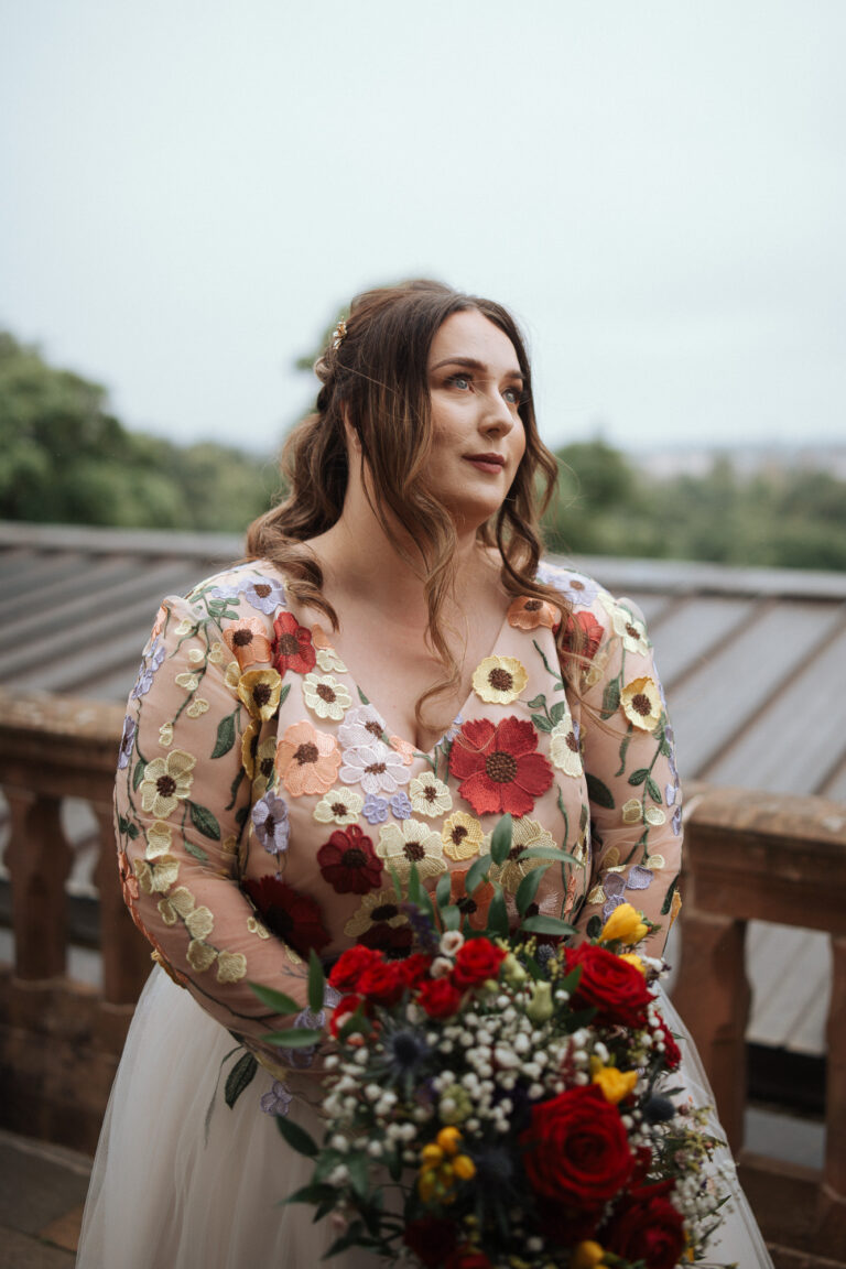 Charlotte Chapman in beautiful champagne coloured floral wedding dress.
